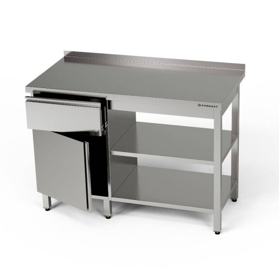 Masă de lucru din oțel inoxidabil cu dulap, sertar și 2 rafturi 220x70x85 cm | FORGAST