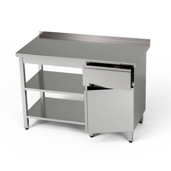 Masă de lucru din oțel inoxidabil cu dulap, sertar și 2 rafturi 100x70x85 cm | FORGAST