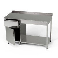 Masă de lucru din oțel inoxidabil cu dulap, sertar și raft 140x60x85 cm | FORGAST