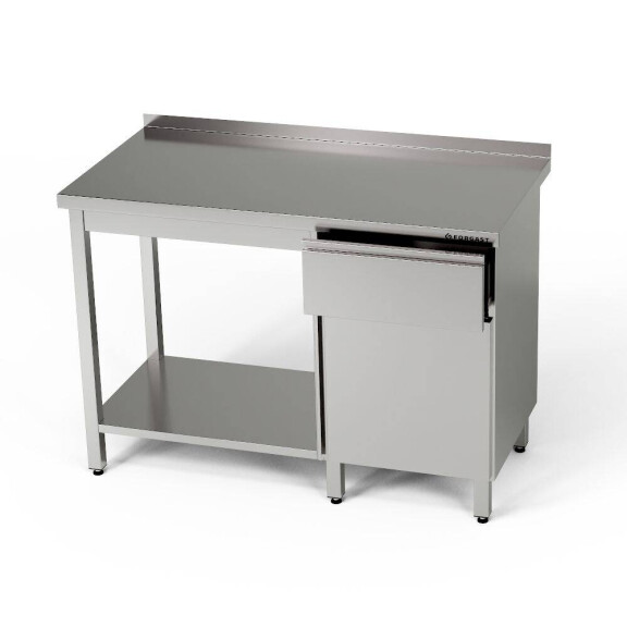 Masă de lucru din oțel inoxidabil cu dulap, sertar și raft 140x60x85 cm | FORGAST