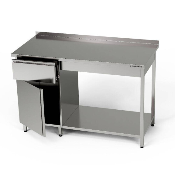 Masă de lucru din oțel inoxidabil cu dulap, sertar și raft 140x70x85 cm | FORGAST