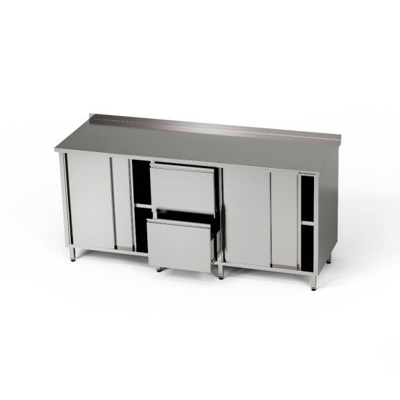 Masă de lucru din oțel inoxidabil cu 2 dulapuri și bloc cu 2 sertare 200x60x85 cm | FORGAST