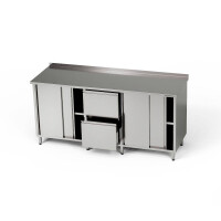 Masă de lucru din oțel inoxidabil cu 2 dulapuri și bloc cu 2 sertare 270x70x85 cm | FORGAST