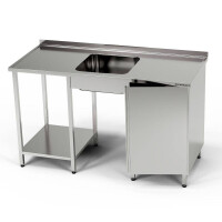 Masă inox cu chiuvetă cu 1 vas, dulap și raft 140x60x85 cm | FORGAST