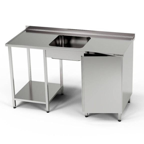 Masă inox cu chiuvetă cu 1 vas, dulap și raft 250x70x85 cm | FORGAST