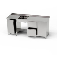 Masă inox cu chiuvetă cu 1 vas, dulap și bloc de sertare și dulap 210x70x85 cm | FORGAST