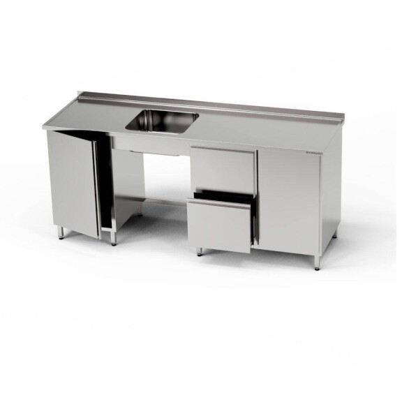 Masă inox cu chiuvetă cu 1 vas, dulap și bloc de sertare și dulap 230x60x85 cm | FORGAST