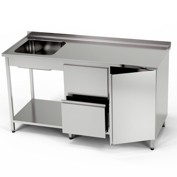 Masă inox cu chiuvetă cu 1 vas, dulap și bloc de sertare și raft 220x70x85 cm | FORGAST