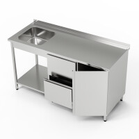 Masă inox cu chiuvetă cu 1 vas, dulap și bloc de sertare și raft 210x70x85 cm | FORGAST