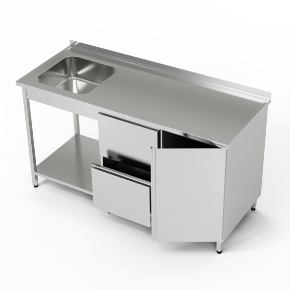 Masă inox cu chiuvetă cu 1 vas, dulap și bloc de sertare și raft 210x70x85 cm | FORGAST