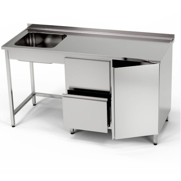 Masă inox cu chiuvetă cu 1 vas, dulap și bloc de sertare 260x60x85 cm | FORGAST