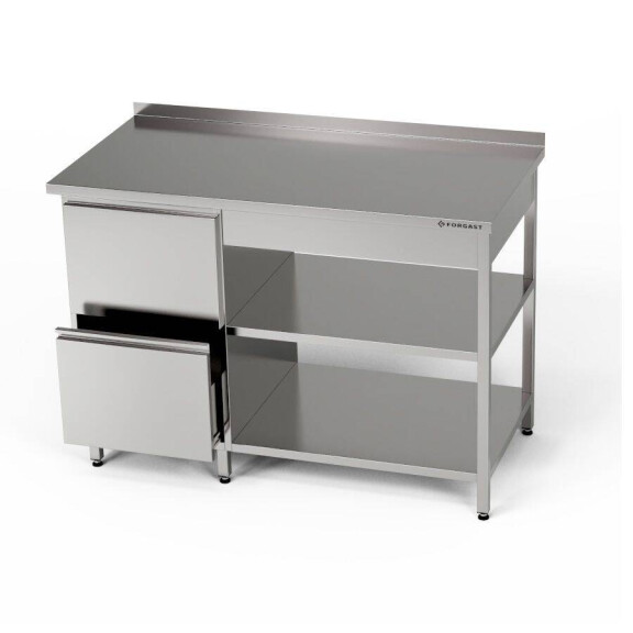 Masă de lucru din oțel inoxidabil cu bloc de sertare și două rafturi 110x70x85 cm | FORGAST