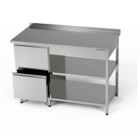 Masă de lucru din oțel inoxidabil cu bloc de sertare și două rafturi 180x60x85 cm | FORGAST