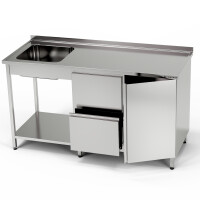Masă inox cu chiuvetă cu 1 vas, dulap și bloc de sertare și raft 250x60x85 cm | FORGAST