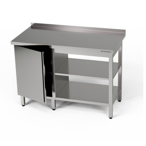 Masă de lucru din oțel inoxidabil cu dulap și două rafturi 230x70x85 cm | FORGAST