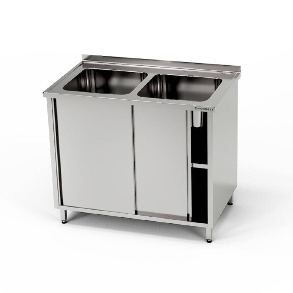 Masă inox cu chiuvetă cu 2 vase și dulap 180x60x85 cm | FORGAST