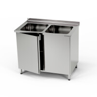 Masă inox cu chiuvetă cu 2 căzi și dulap 130x60x85 cm | FORGAST