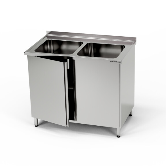 Masă inox cu chiuvetă cu 2 căzi și dulap 120x60x85 cm | FORGAST