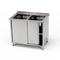 Masă inox cu chiuvetă cu 2 căzi și dulap 140x70x85 cm | FORGAST