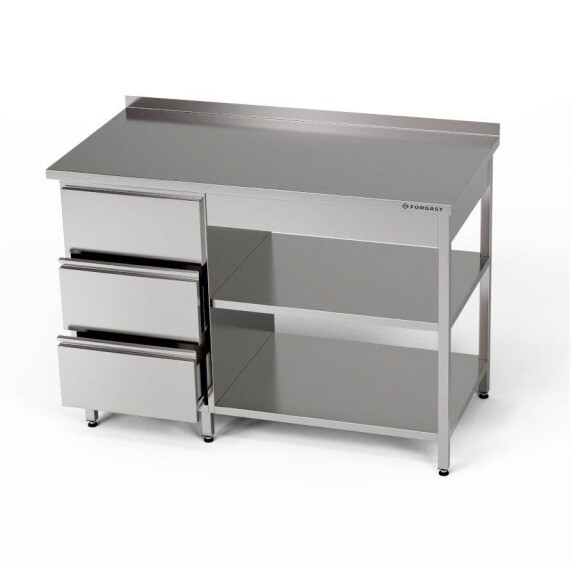 Masă de lucru din oțel inoxidabil cu bloc de sertare și două rafturi 140x70x85 cm | FORGAST