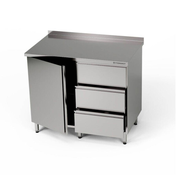 Masă de lucru din oțel inoxidabil cu dulap și bloc cu 3 sertare 100x70x85 cm | FORGAST