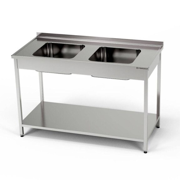 Masă inox cu chiuvetă cu 2 căzi și raft 100x70x85 cm | FORGAST