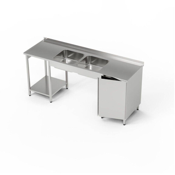 Masă inox cu chiuvetă cu 2 căzi și dulap 260x60x85 cm | FORGAST