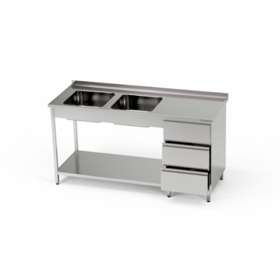 Masă inox cu chiuvetă cu 2 căzi și bloc cu 3 sertare și raft 200x70x85 cm | FORGAST