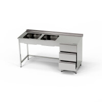 Masă inox cu chiuvetă cu 2 căzi și bloc cu 3 sertare 180x70x85 cm | FORGAST
