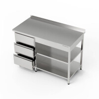 Masă de lucru din oțel inoxidabil cu bloc de sertare și două rafturi 110x70x85 cm | FORGAST