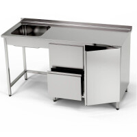 Masă inox cu chiuvetă cu 1 vas, dulap și bloc de sertare 150x60x85 cm | FORGAST