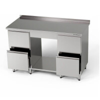 Masă de lucru din oțel inoxidabil cu raft și 2 blocuri de 2 sertare 140x60x85 cm | FORGAST