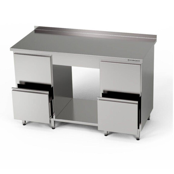 Masă de lucru din oțel inoxidabil cu raft și 2 blocuri de 2 sertare 160x70x85 cm | FORGAST
