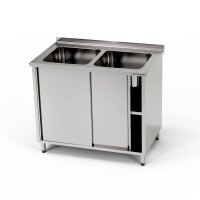 Masă inox cu chiuvetă cu 2 căzi și dulap 100x60x85 cm | FORGAST