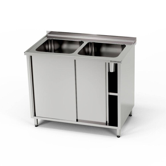 Masă inox cu chiuvetă cu 2 căzi și dulap 100x60x85 cm | FORGAST