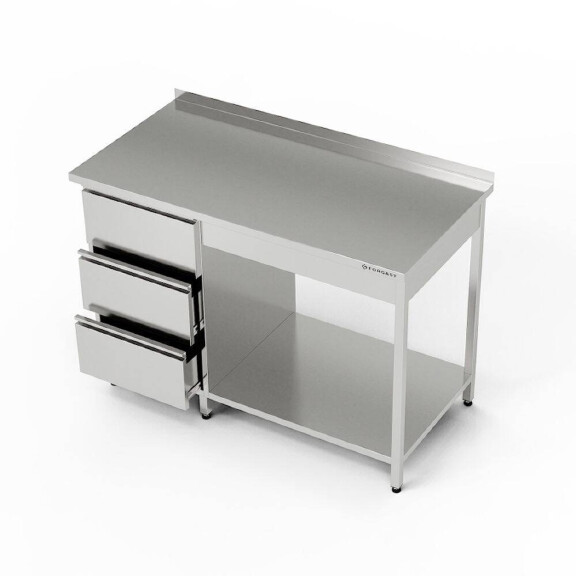 Masă de lucru din oțel inoxidabil cu bloc de sertare și raft 150x70x85 cm | FORGAST