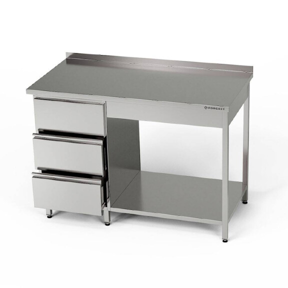 Masă de lucru din oțel inoxidabil cu bloc de sertare și raft 220x70x85 cm | FORGAST