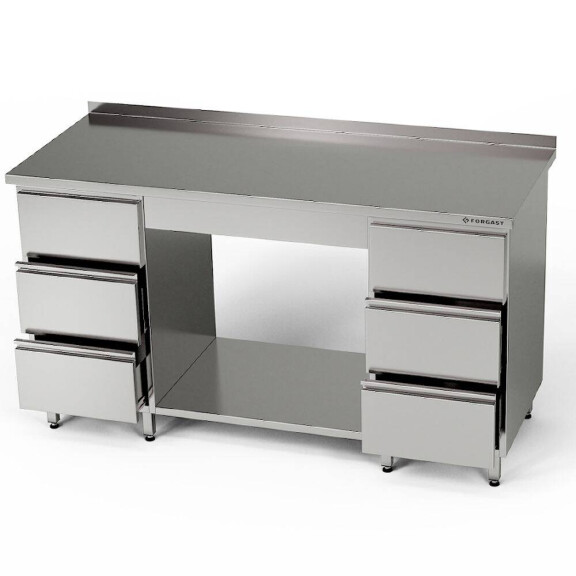 Masă de lucru din oțel inoxidabil cu 2 blocuri de 3 sertare și raft 160x70x85 cm | FORGAST
