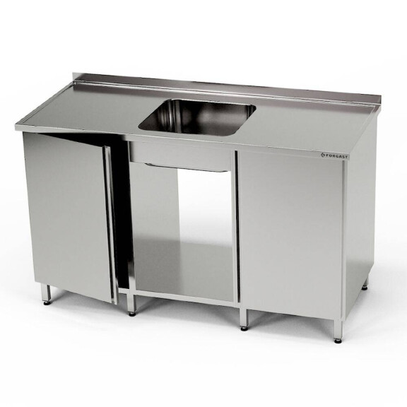 Masă inox cu chiuvetă cu 1 vas, 2 dulapuri și raft 220x70x85 cm | FORGAST