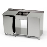 Masă inox cu chiuvetă cu 1 vas, 2 dulapuri și raft 260x70x85 cm | FORGAST