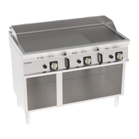 Placă pentru grătar cu gaz 2/3 netedă, 1/3 canelată, pe o bază deschisă 120 cm | TECNOINOX 713160