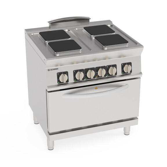 Aragaz electric pentru catering, pătrat cu 4 funduri, cu cuptor GN 2/1 | TECNOINOX 716191