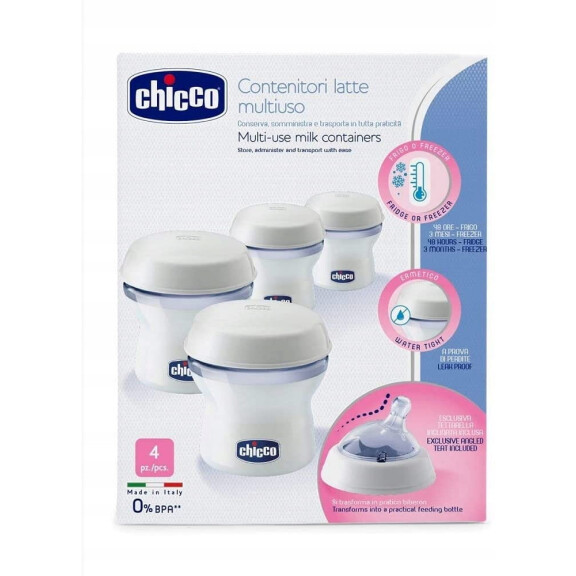 Récipients à lait CHICCO 4 x 150 ml + tétine avec capuchon