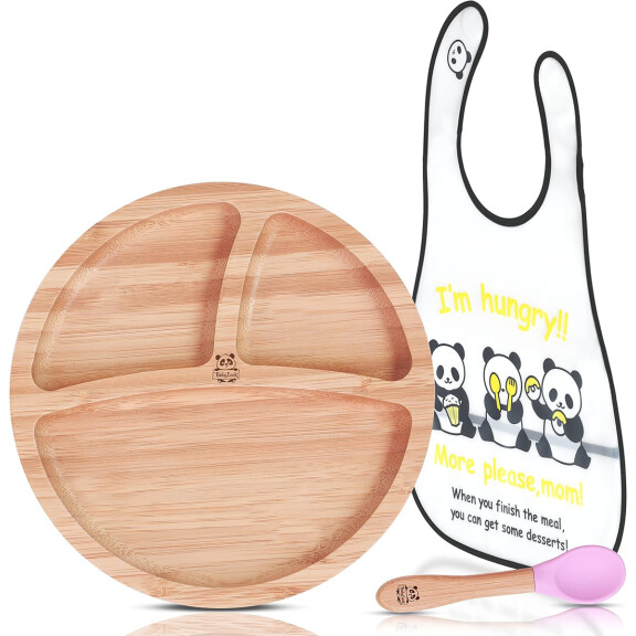 BABYLOVIT soucoupe en bambou avec ventouse + tige et lanière