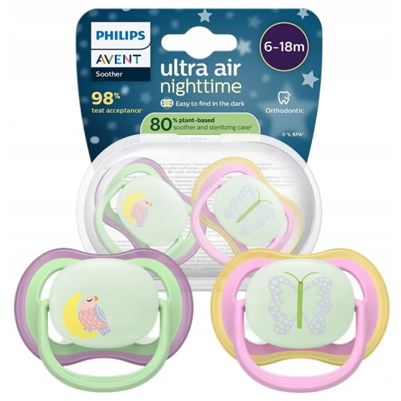 PHILIPS AVENT Ultra Air Sucettes de nuit x 2 6-18msc LUMIERE FONCEE