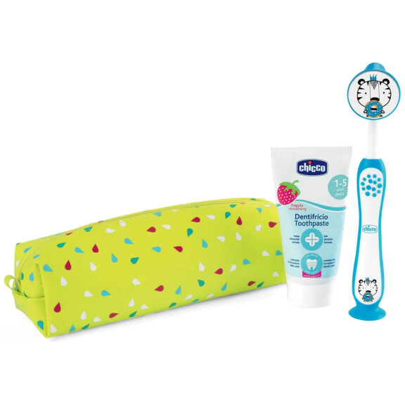 CHICCO set brosse à dents avec ventouse et dentifrice à la fraise + étui