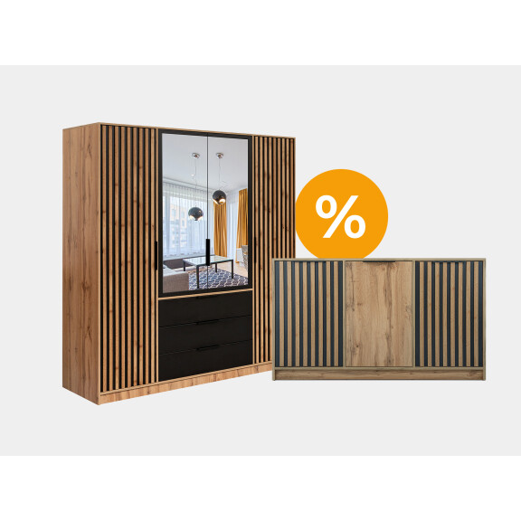 Zestaw Bali D4 lux szafa + komoda | czarny/lamele