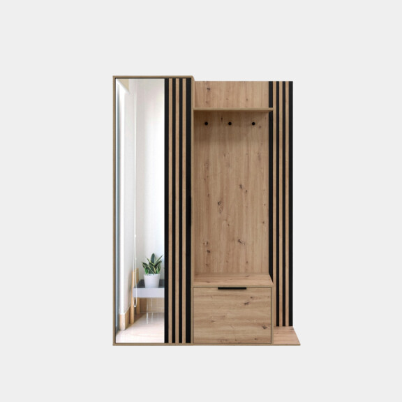 Garderoba do przedpokoju Amber z lustrem i lamelami - Dąb Artisan