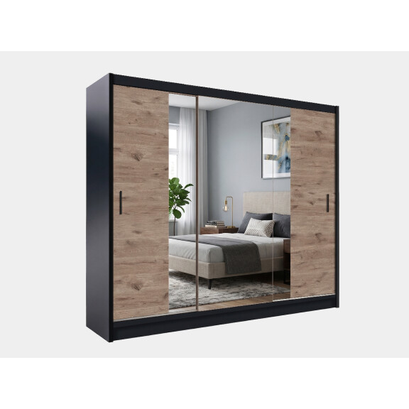 Szafa Lizbona II 250 dąb viking / czarny z lustrem