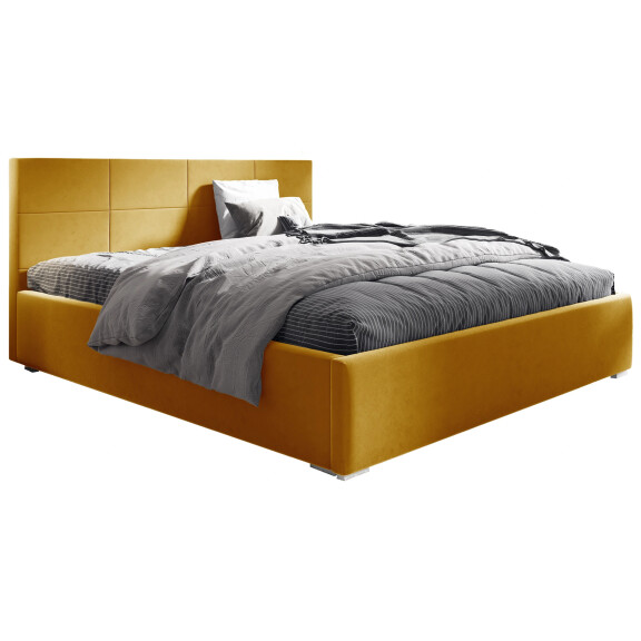Łóżko tapicerowane 140x200 z pojemnikiem Matia Żółte Metalowy Stelaż